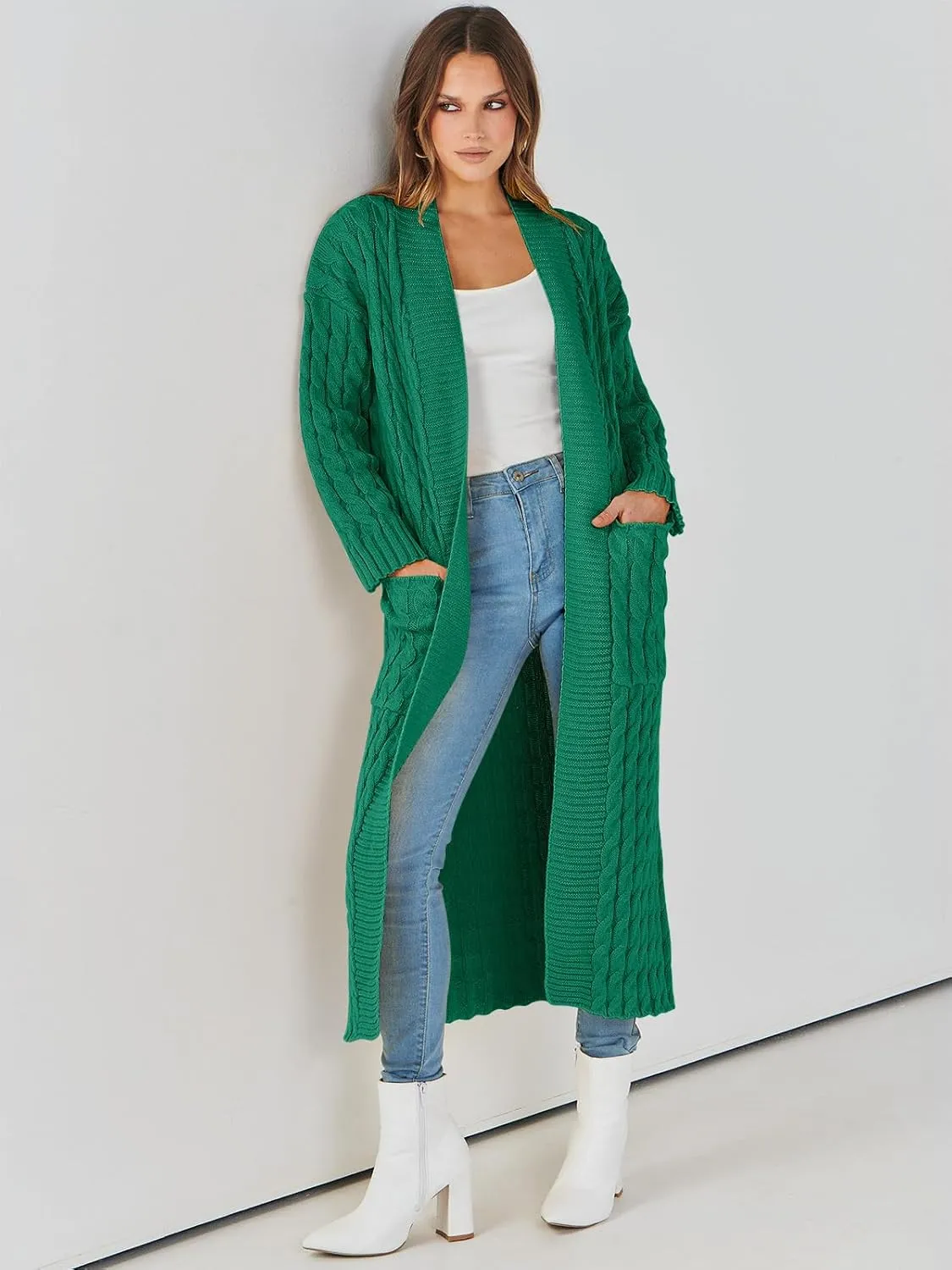 Caracilia Womens Long Cardigan Sweaters 2025 Fall Open Front Coat Long Sleeve Cable Knit Maxi Outerwear Trendy Jacket Clothes