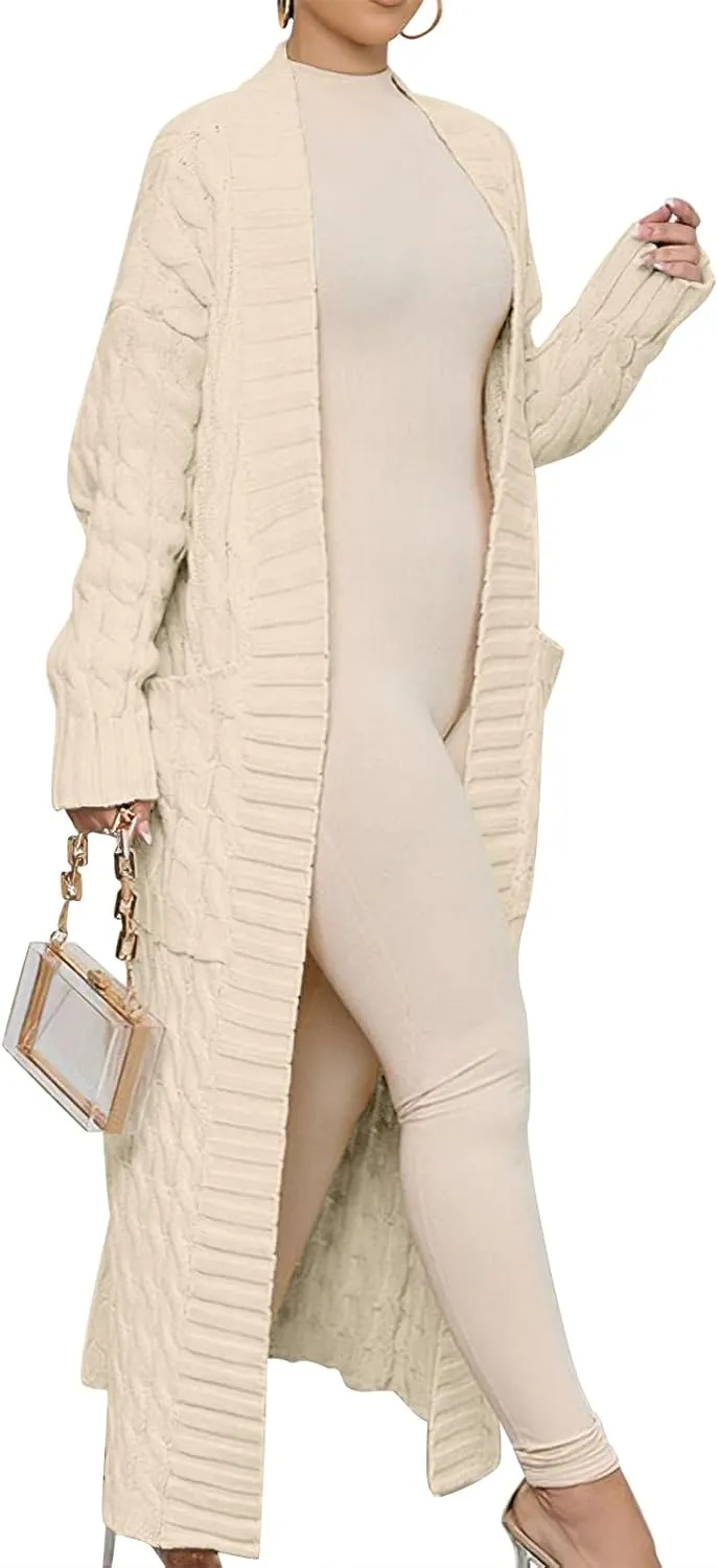 Caracilia Womens Long Cardigan Sweaters 2025 Fall Open Front Coat Long Sleeve Cable Knit Maxi Outerwear Trendy Jacket Clothes