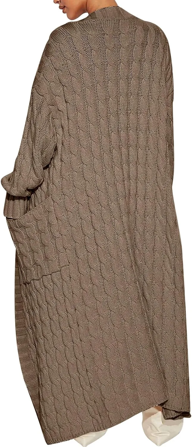 Caracilia Womens Long Cardigan Sweaters 2025 Fall Open Front Coat Long Sleeve Cable Knit Maxi Outerwear Trendy Jacket Clothes