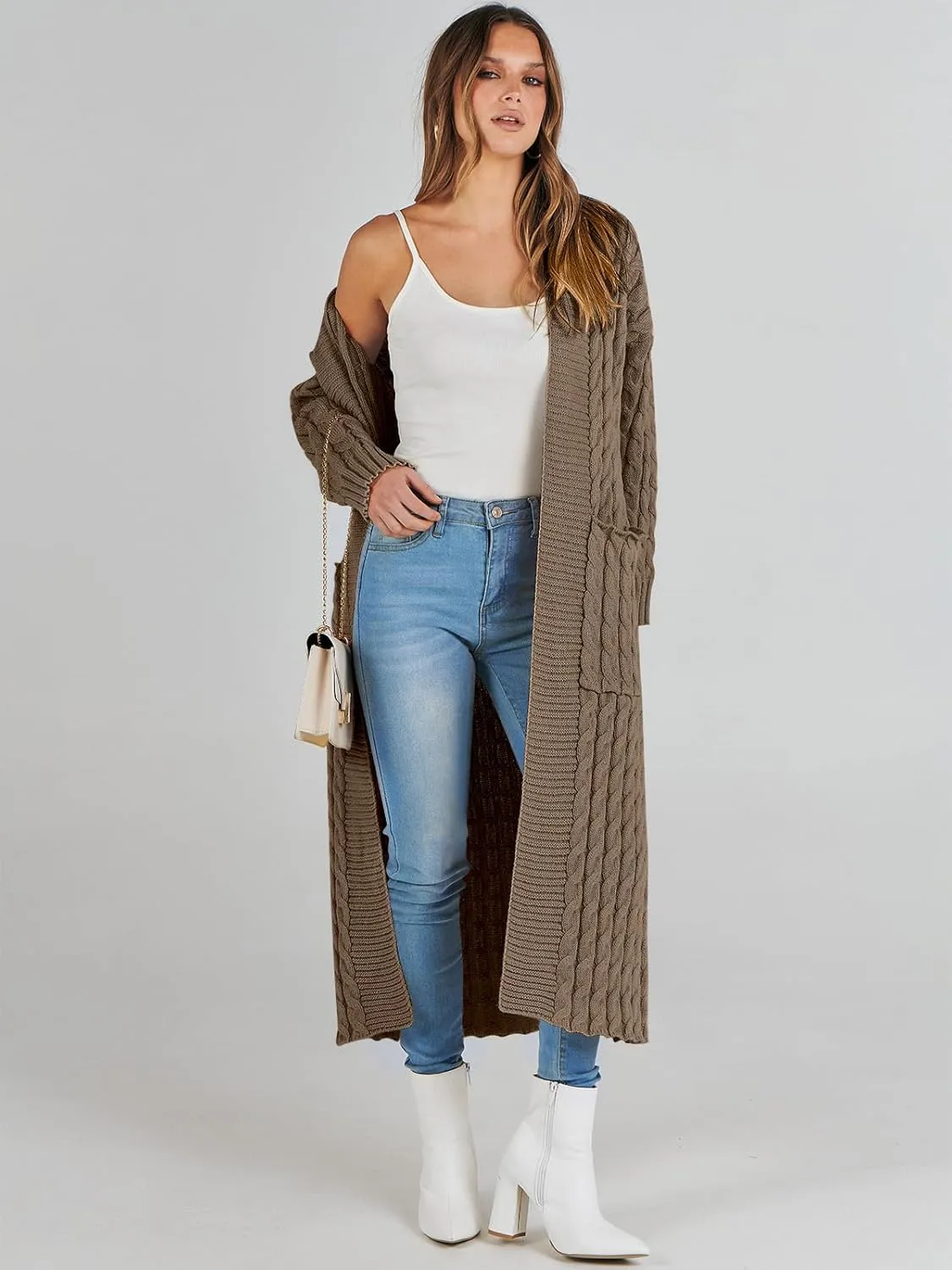 Caracilia Womens Long Cardigan Sweaters 2025 Fall Open Front Coat Long Sleeve Cable Knit Maxi Outerwear Trendy Jacket Clothes