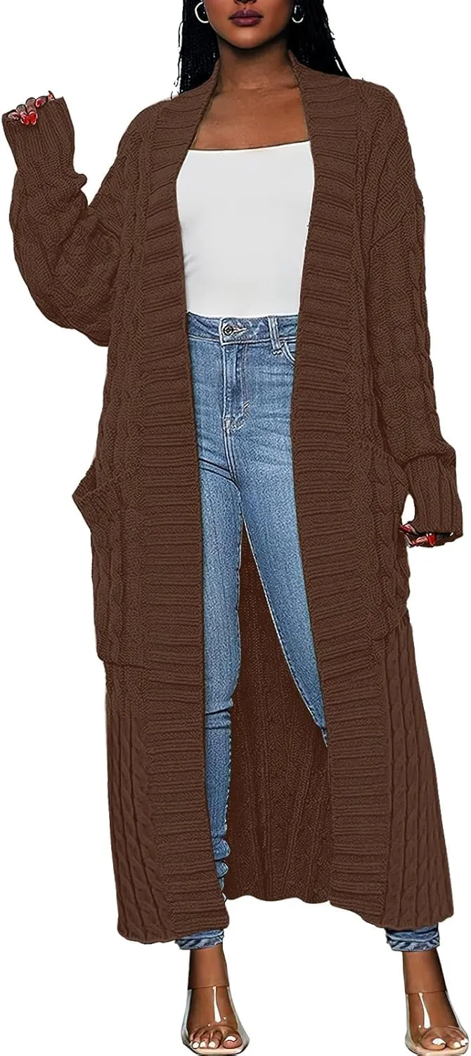 Caracilia Womens Long Cardigan Sweaters 2025 Fall Open Front Coat Long Sleeve Cable Knit Maxi Outerwear Trendy Jacket Clothes