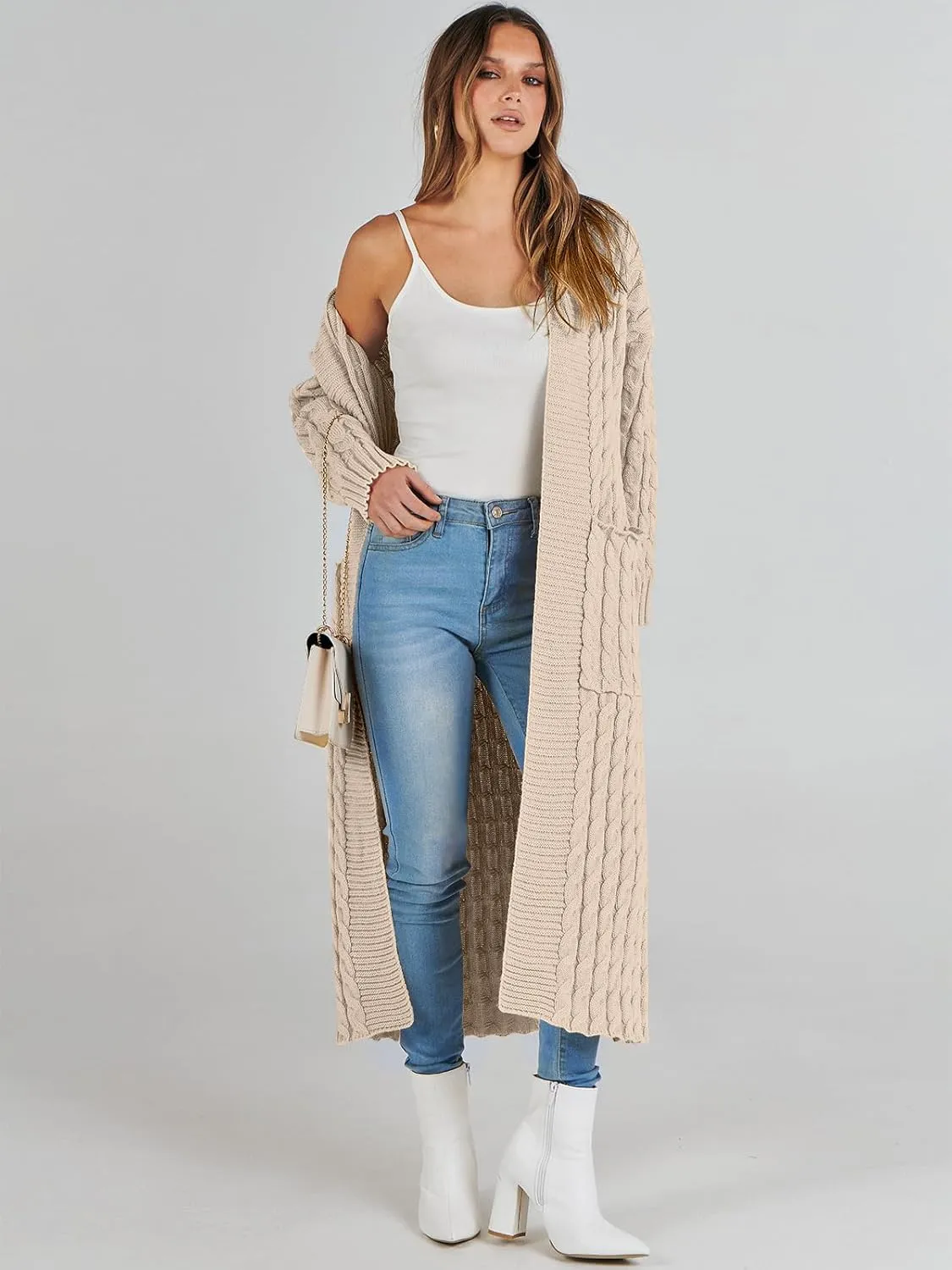 Caracilia Womens Long Cardigan Sweaters 2025 Fall Open Front Coat Long Sleeve Cable Knit Maxi Outerwear Trendy Jacket Clothes