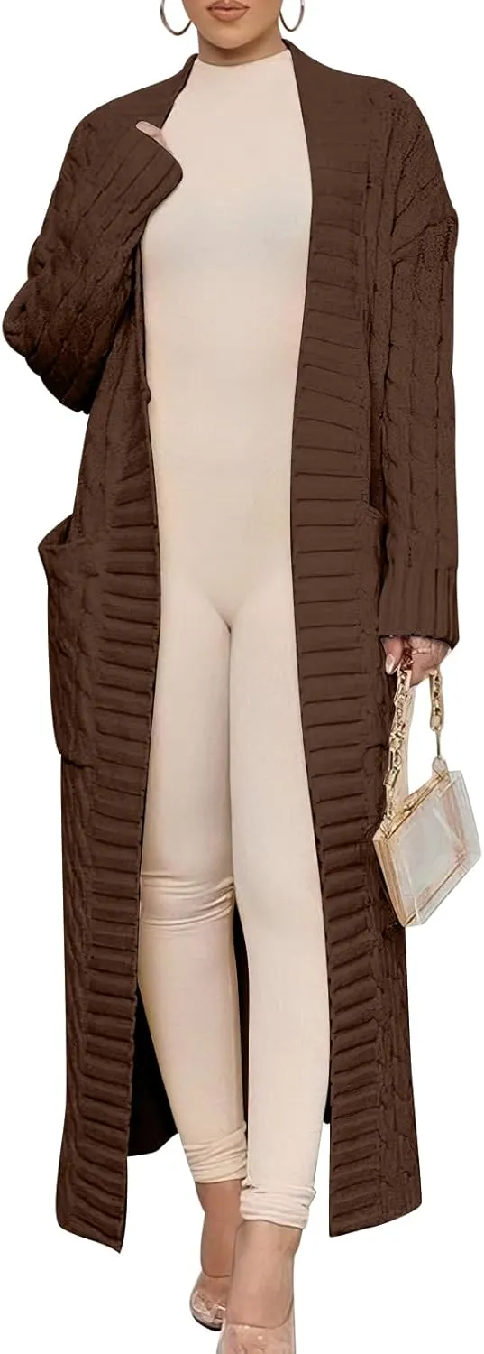 Caracilia Womens Long Cardigan Sweaters 2025 Fall Open Front Coat Long Sleeve Cable Knit Maxi Outerwear Trendy Jacket Clothes