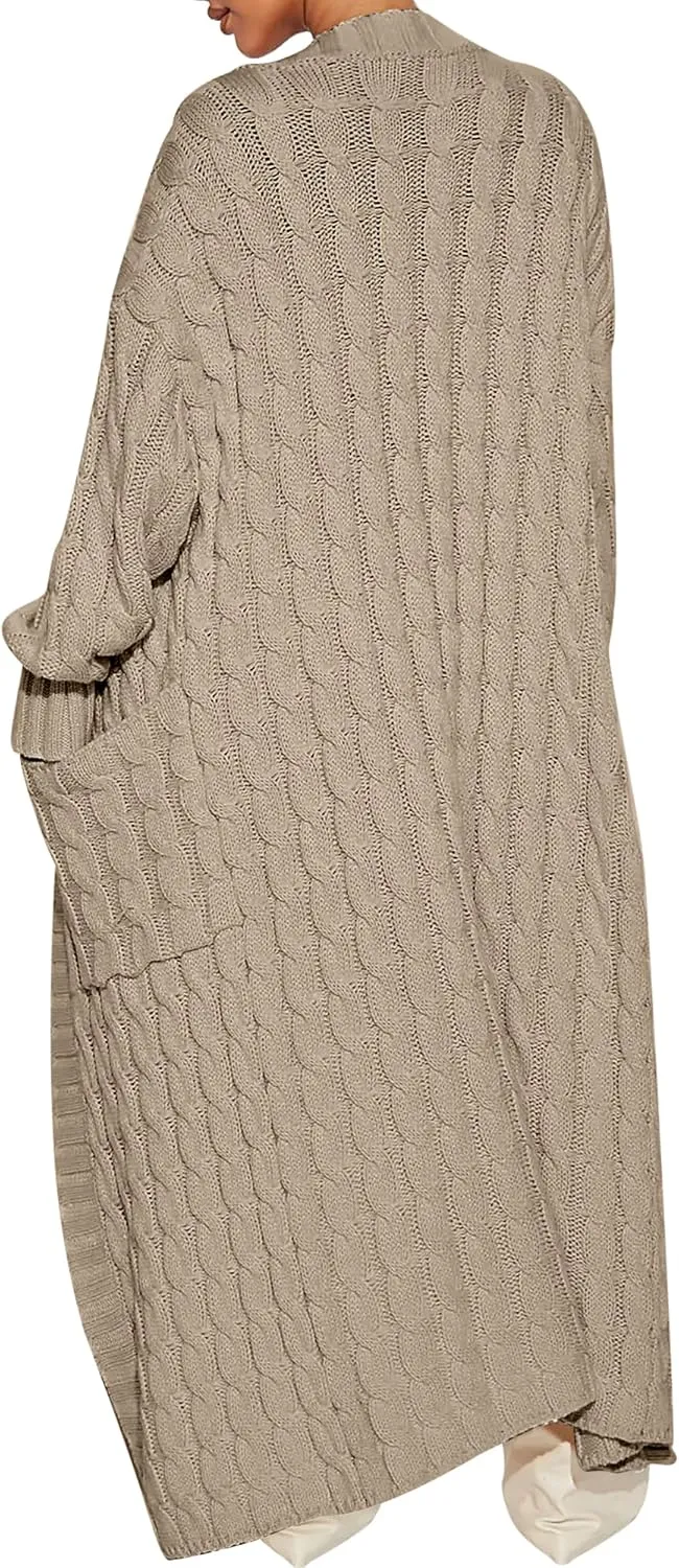 Caracilia Womens Long Cardigan Sweaters 2025 Fall Open Front Coat Long Sleeve Cable Knit Maxi Outerwear Trendy Jacket Clothes