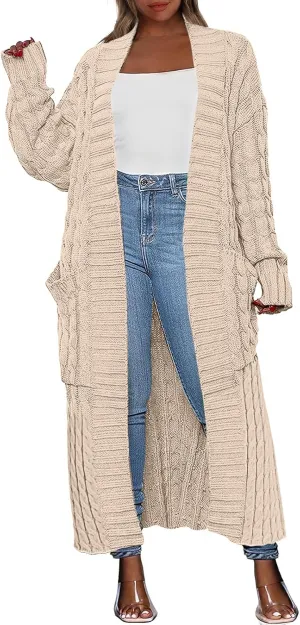Caracilia Womens Long Cardigan Sweaters 2025 Fall Open Front Coat Long Sleeve Cable Knit Maxi Outerwear Trendy Jacket Clothes