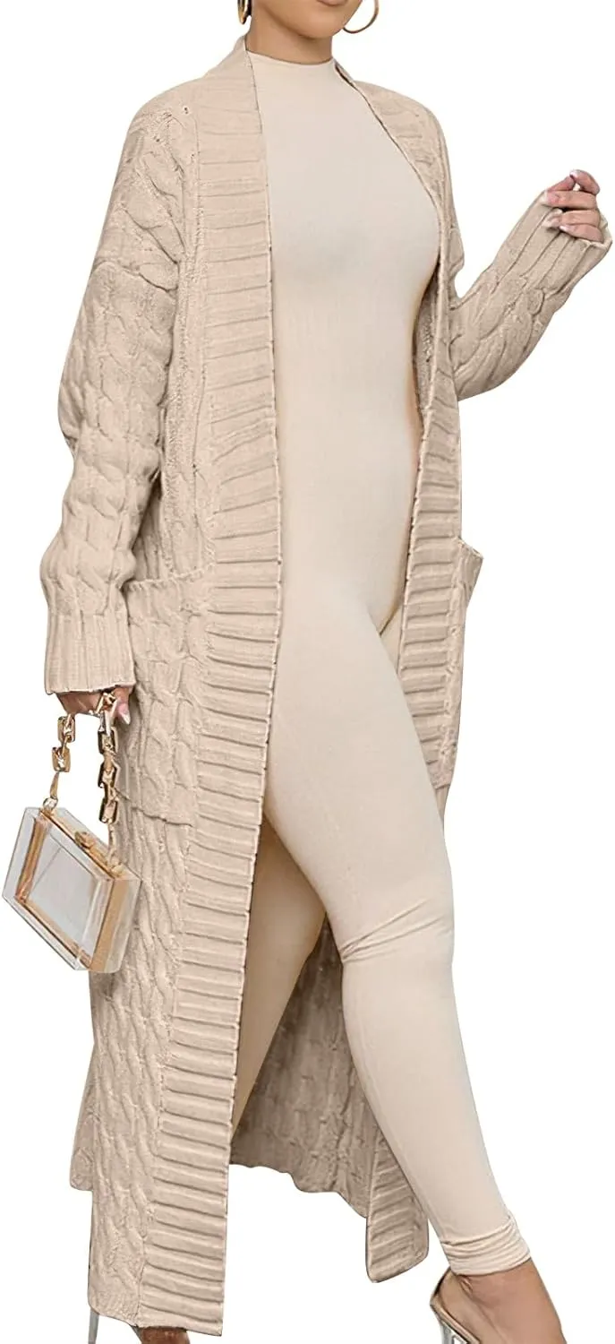 Caracilia Womens Long Cardigan Sweaters 2025 Fall Open Front Coat Long Sleeve Cable Knit Maxi Outerwear Trendy Jacket Clothes