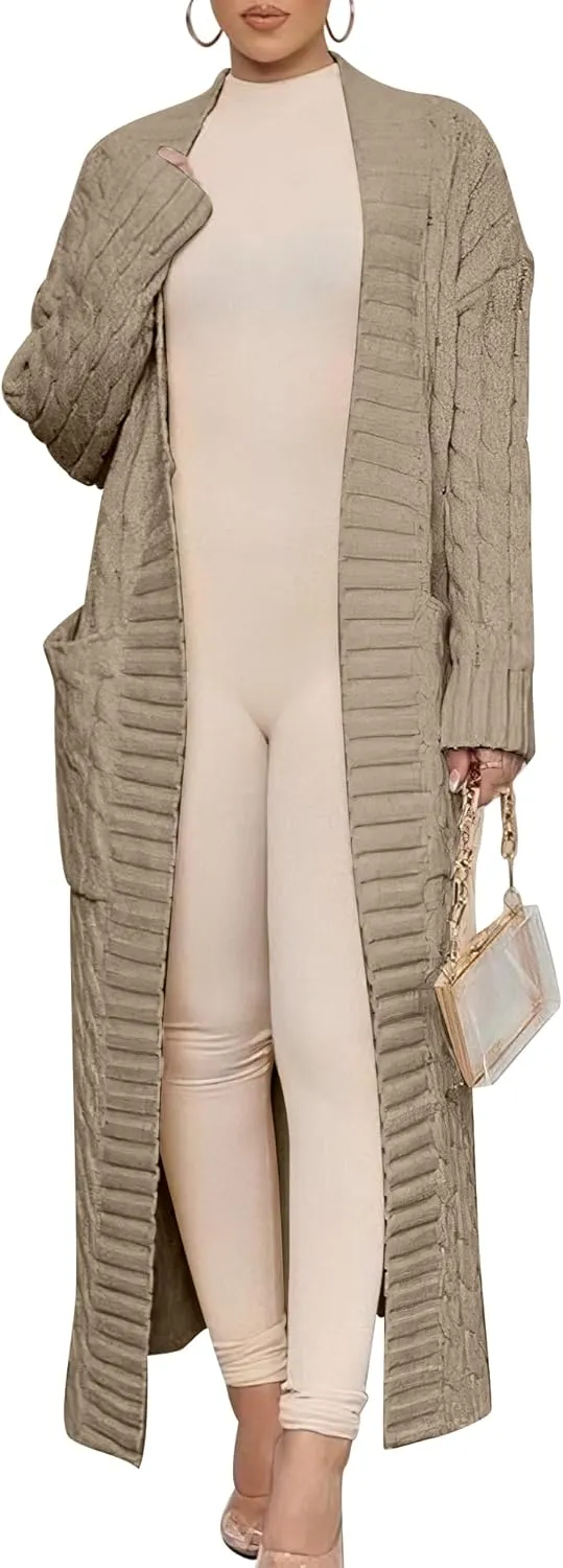 Caracilia Womens Long Cardigan Sweaters 2025 Fall Open Front Coat Long Sleeve Cable Knit Maxi Outerwear Trendy Jacket Clothes