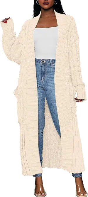 Caracilia Womens Long Cardigan Sweaters 2025 Fall Open Front Coat Long Sleeve Cable Knit Maxi Outerwear Trendy Jacket Clothes