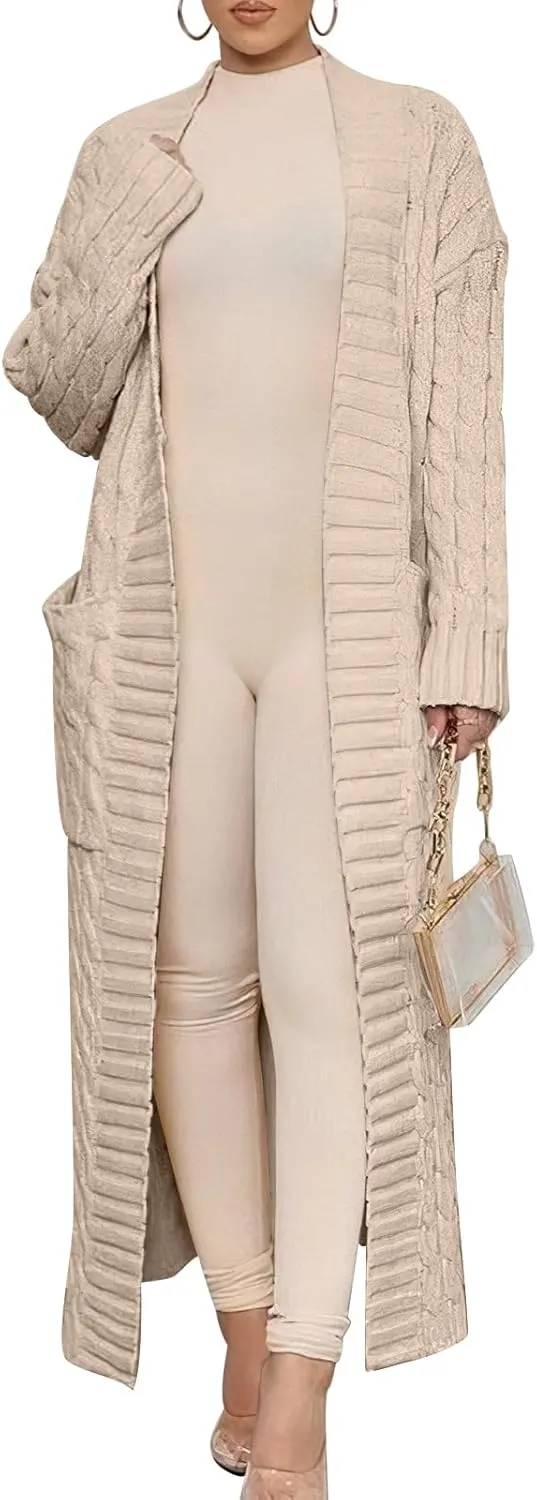Caracilia Womens Long Cardigan Sweaters 2025 Fall Open Front Coat Long Sleeve Cable Knit Maxi Outerwear Trendy Jacket Clothes
