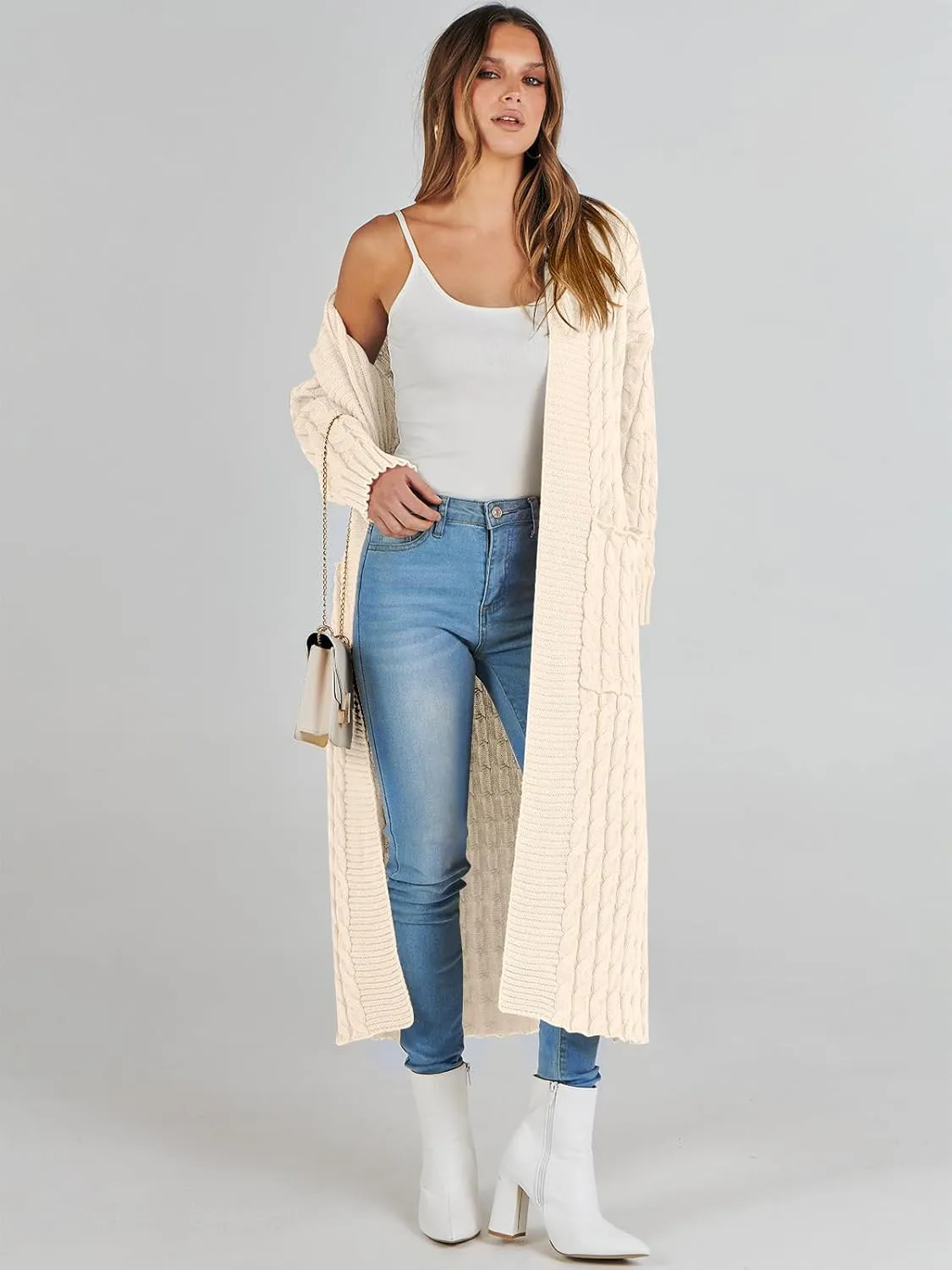 Caracilia Womens Long Cardigan Sweaters 2025 Fall Open Front Coat Long Sleeve Cable Knit Maxi Outerwear Trendy Jacket Clothes