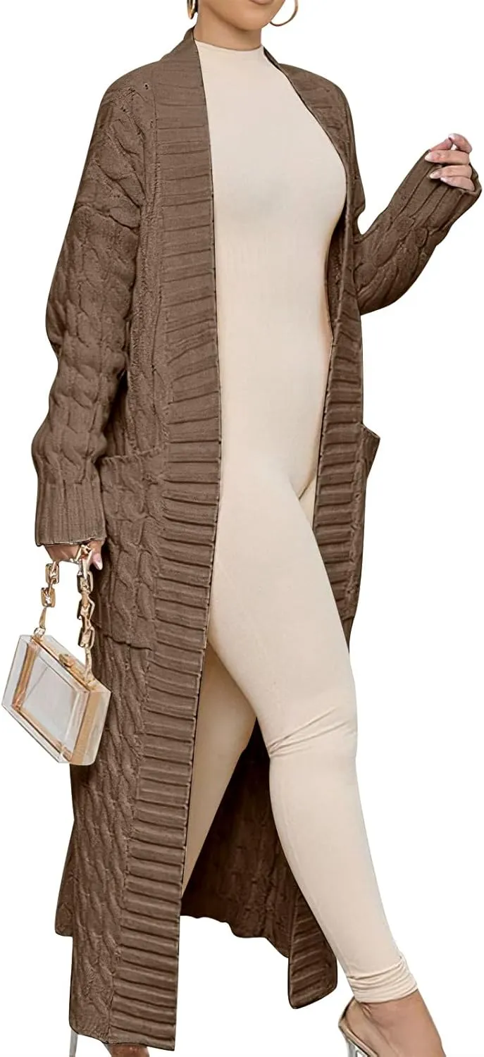 Caracilia Womens Long Cardigan Sweaters 2025 Fall Open Front Coat Long Sleeve Cable Knit Maxi Outerwear Trendy Jacket Clothes