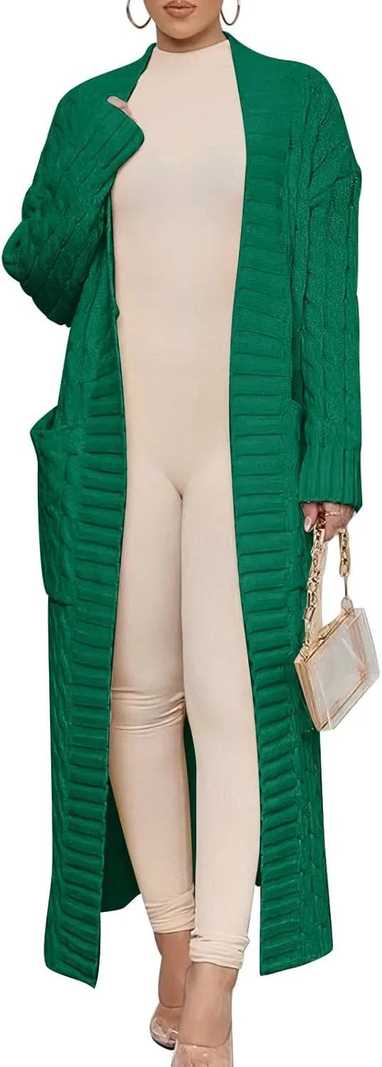 Caracilia Womens Long Cardigan Sweaters 2025 Fall Open Front Coat Long Sleeve Cable Knit Maxi Outerwear Trendy Jacket Clothes