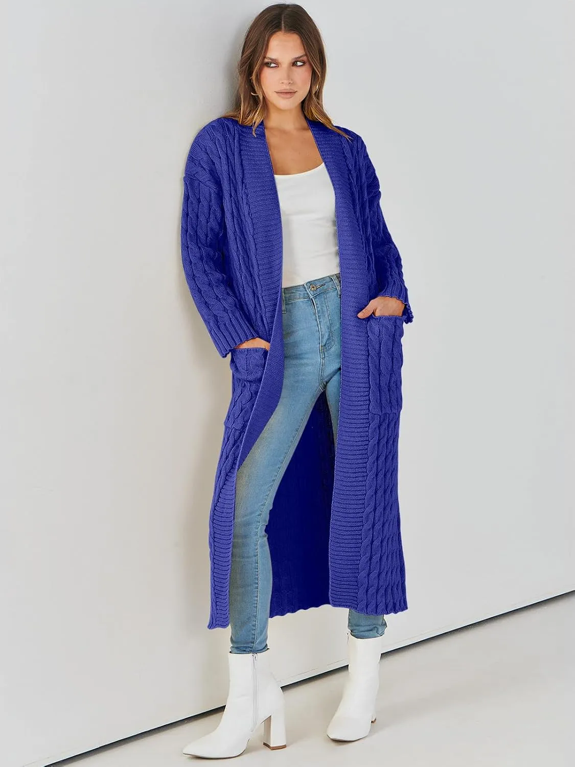 Caracilia Womens Long Cardigan Sweaters 2025 Fall Open Front Coat Long Sleeve Cable Knit Maxi Outerwear Trendy Jacket Clothes