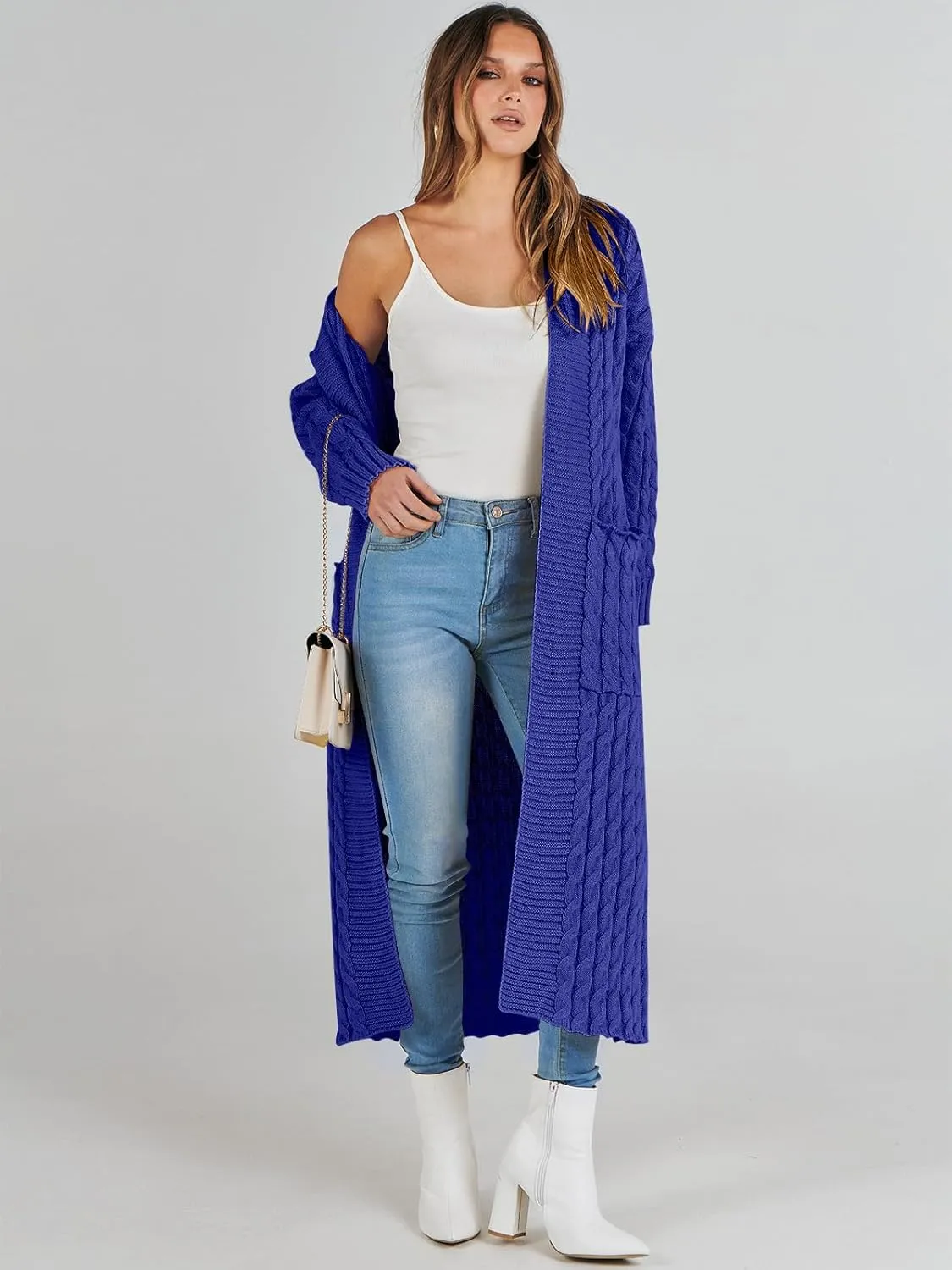 Caracilia Womens Long Cardigan Sweaters 2025 Fall Open Front Coat Long Sleeve Cable Knit Maxi Outerwear Trendy Jacket Clothes