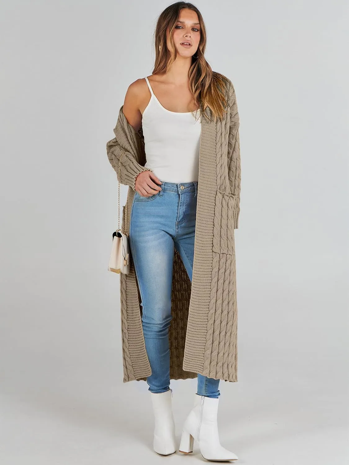 Caracilia Womens Long Cardigan Sweaters 2025 Fall Open Front Coat Long Sleeve Cable Knit Maxi Outerwear Trendy Jacket Clothes