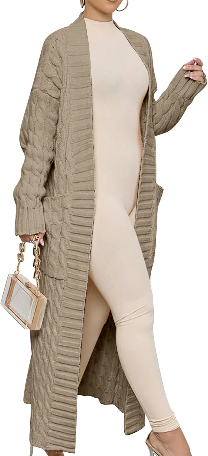 Caracilia Womens Long Cardigan Sweaters 2025 Fall Open Front Coat Long Sleeve Cable Knit Maxi Outerwear Trendy Jacket Clothes