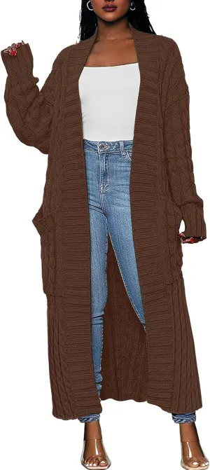 Caracilia Womens Long Cardigan Sweaters 2025 Fall Open Front Coat Long Sleeve Cable Knit Maxi Outerwear Trendy Jacket Clothes