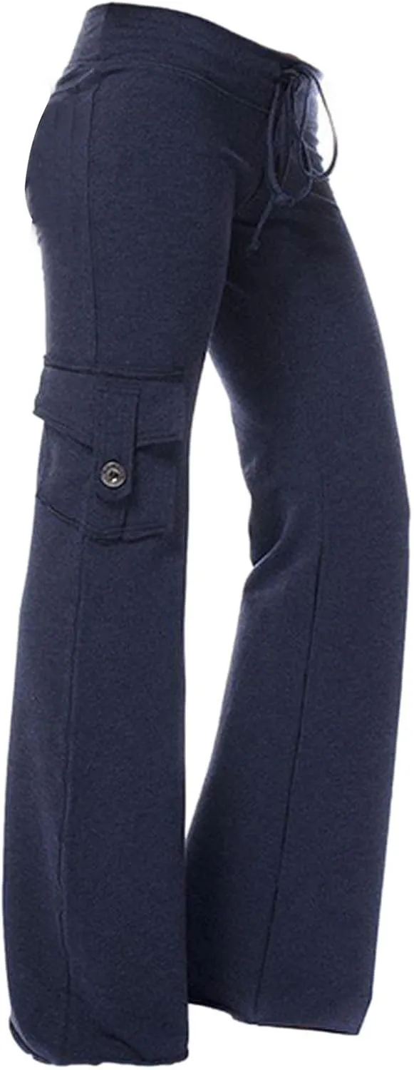Cargo Yoga Pants for Women High Waist Stretch Flare Trousers Drawstring Waist Workout Sweatpants with Side Pockets