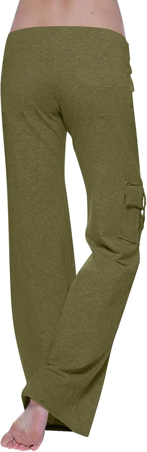 Cargo Yoga Pants for Women High Waist Stretch Flare Trousers Drawstring Waist Workout Sweatpants with Side Pockets