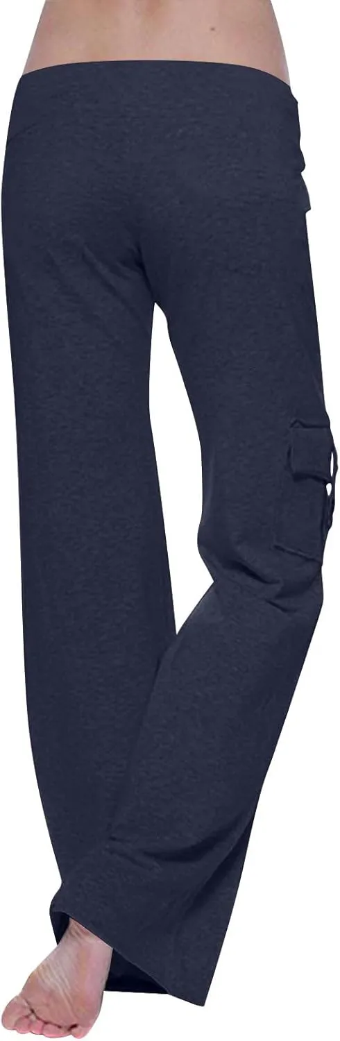 Cargo Yoga Pants for Women High Waist Stretch Flare Trousers Drawstring Waist Workout Sweatpants with Side Pockets
