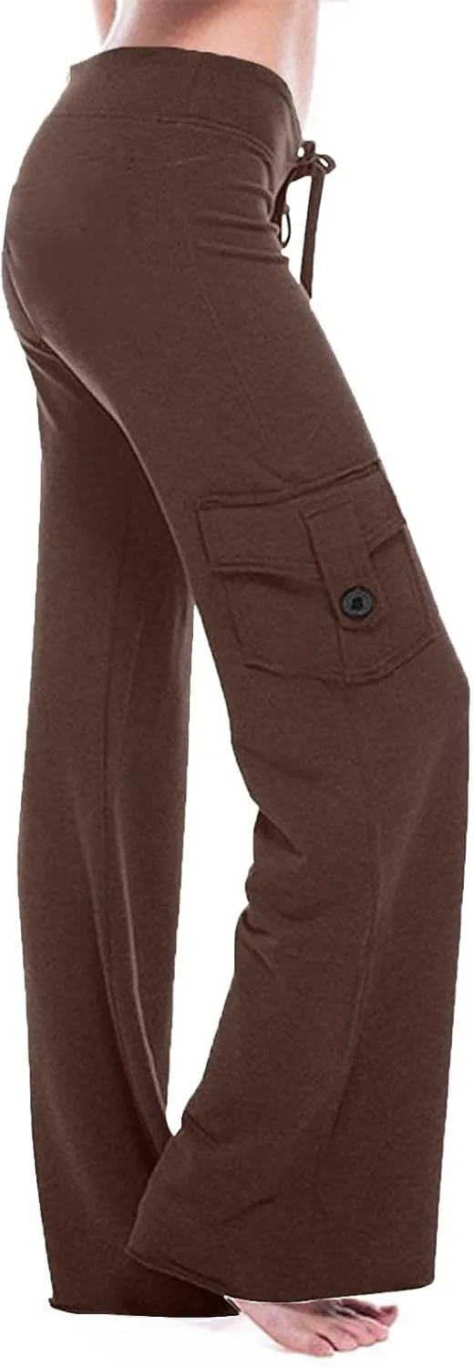 Cargo Yoga Pants for Women High Waist Stretch Flare Trousers Drawstring Waist Workout Sweatpants with Side Pockets