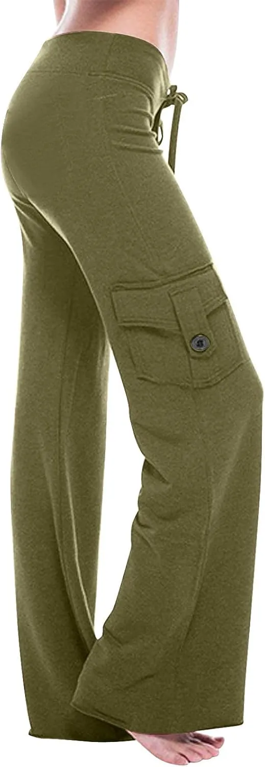Cargo Yoga Pants for Women High Waist Stretch Flare Trousers Drawstring Waist Workout Sweatpants with Side Pockets