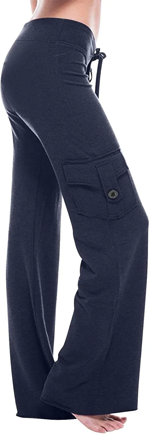 Cargo Yoga Pants for Women High Waist Stretch Flare Trousers Drawstring Waist Workout Sweatpants with Side Pockets