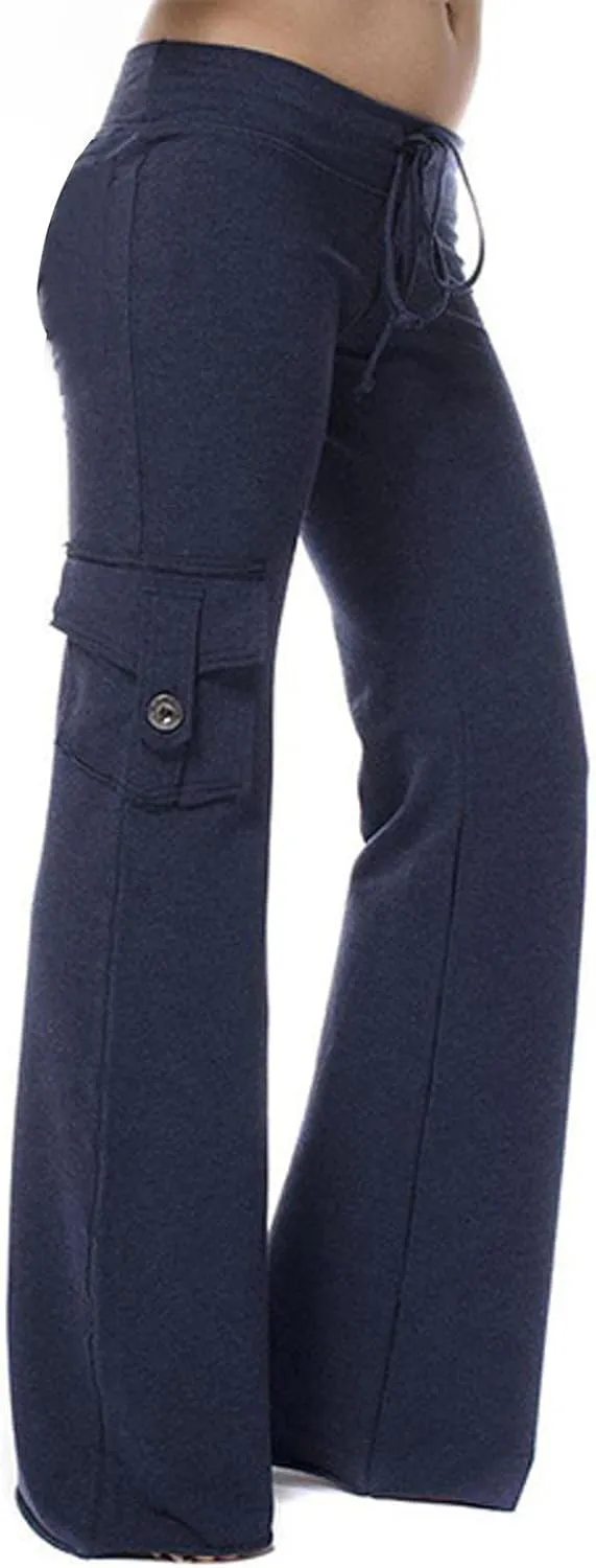 Cargo Yoga Pants for Women High Waist Stretch Flare Trousers Drawstring Waist Workout Sweatpants with Side Pockets