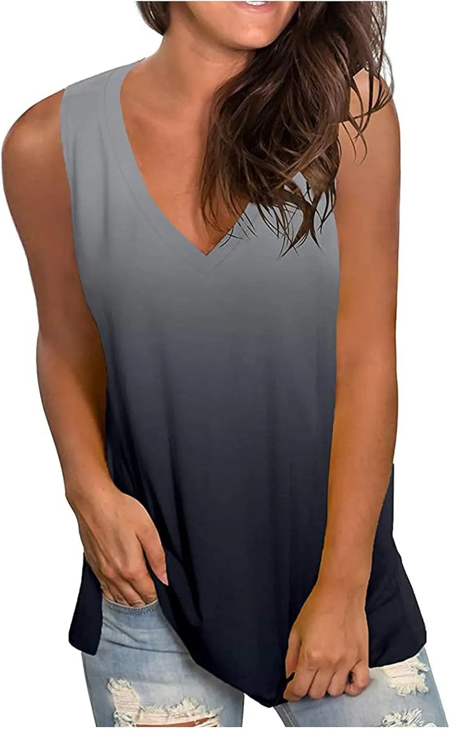 Ceboyel Womens Gradient Summer Tank Tops V Neck Casual T Shirts Sleeveless Tunic Blouses Trendy Beach Vacation Outfits 2023