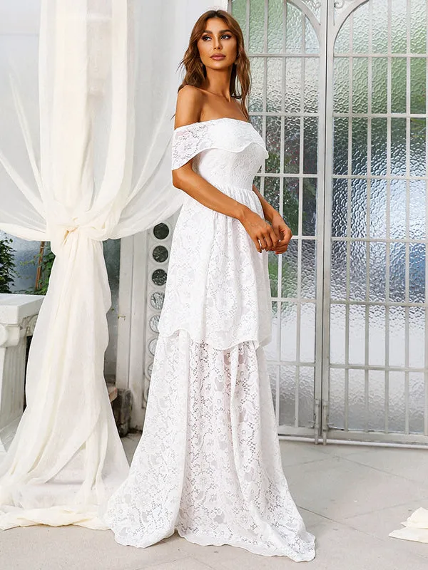 Cherished Forever White Off-the-Shoulder Lace Maxi Dress