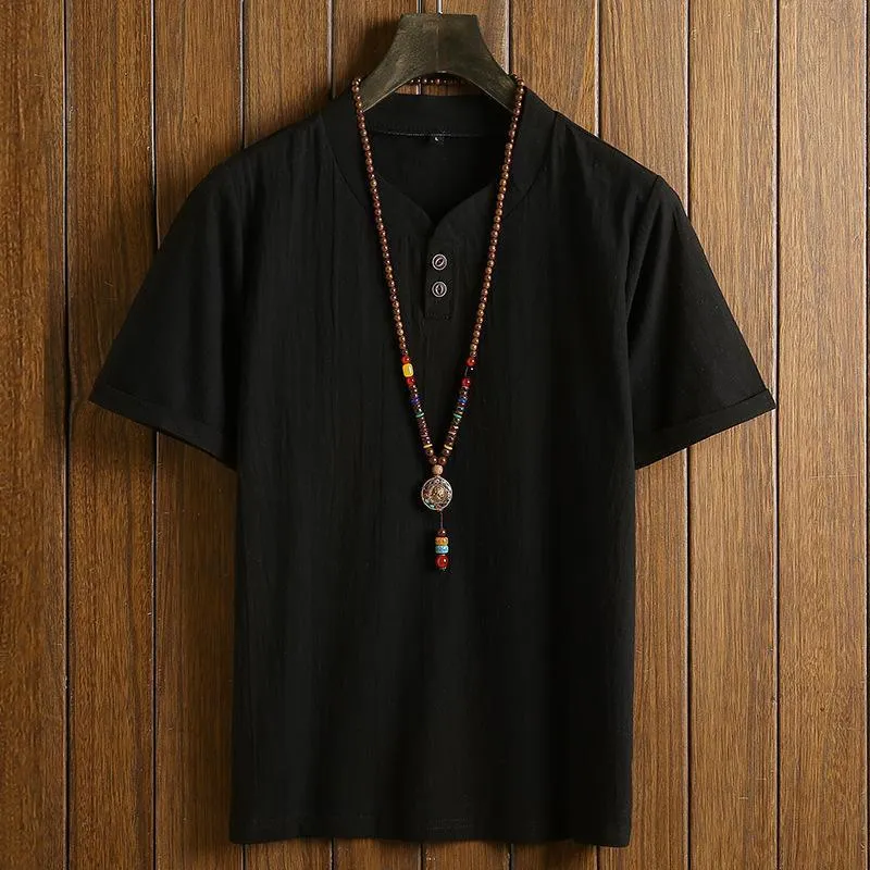 Chinese Man Style Tax Two Short Sleeve Buckle T-shirt   Trousers Two Pieces Random