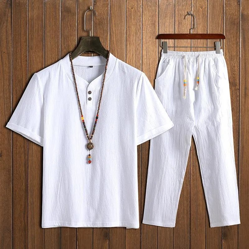 Chinese Man Style Tax Two Short Sleeve Buckle T-shirt   Trousers Two Pieces Random