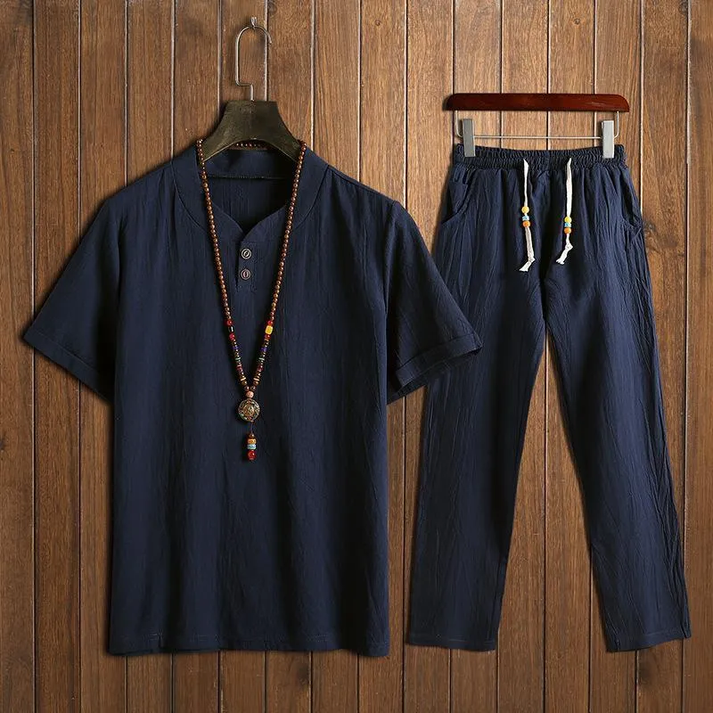 Chinese Man Style Tax Two Short Sleeve Buckle T-shirt   Trousers Two Pieces Random