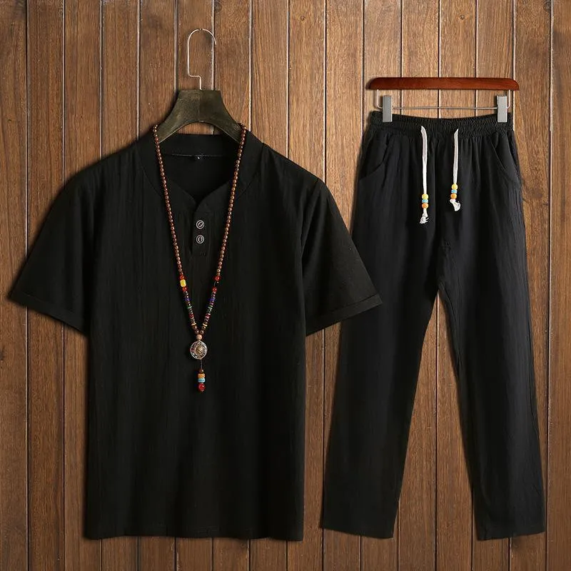 Chinese Man Style Tax Two Short Sleeve Buckle T-shirt   Trousers Two Pieces Random