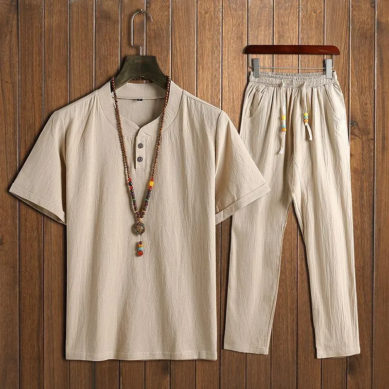 Chinese Man Style Tax Two Short Sleeve Buckle T-shirt   Trousers Two Pieces Random