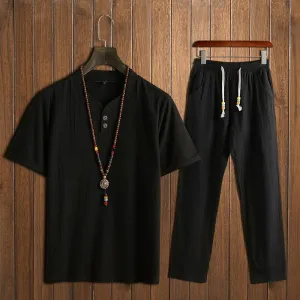Chinese Man Style Tax Two Short Sleeve Buckle T-shirt   Trousers Two Pieces Random