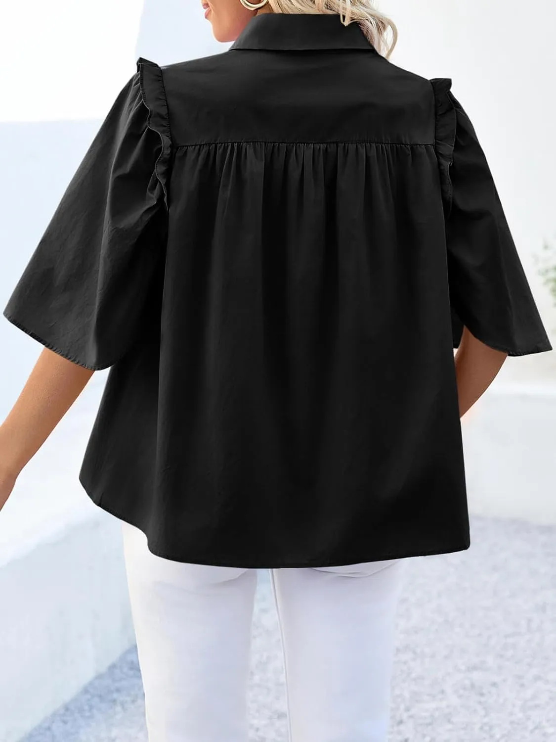 Cicy Bell Womens Summer Button Down Shirts Short Ruffle Puff Sleeve Cotton Blouses Dressy Casual Ladies Tops
