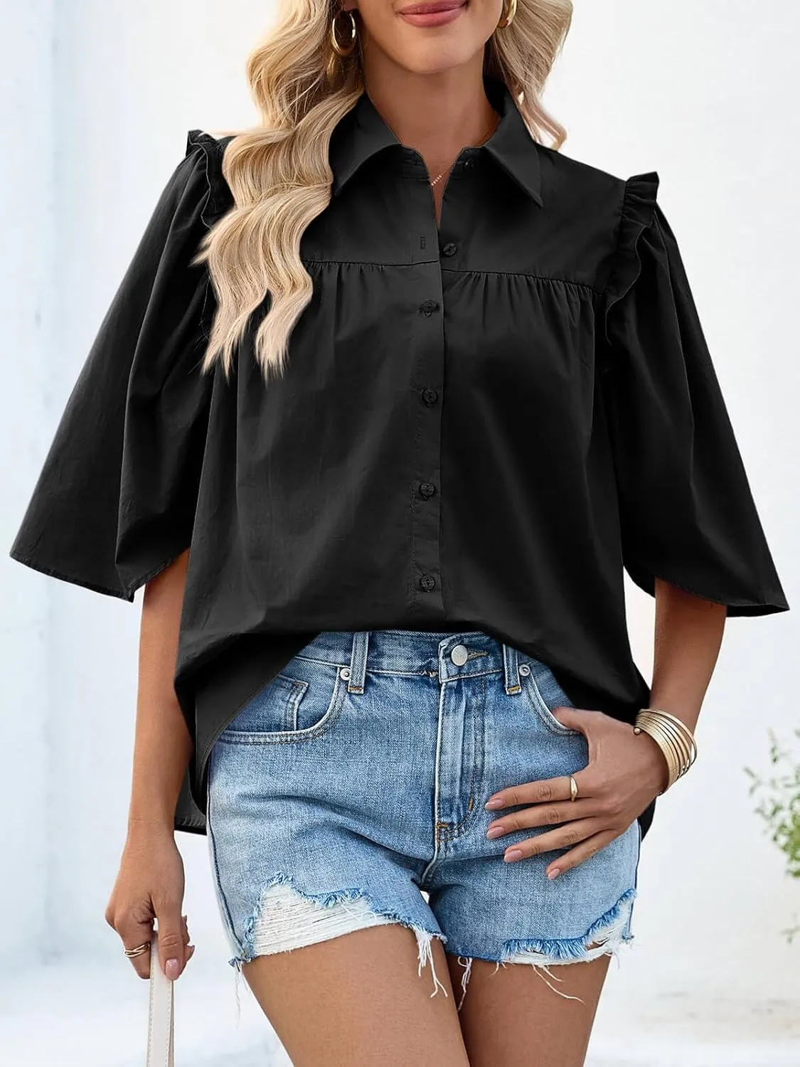 Cicy Bell Womens Summer Button Down Shirts Short Ruffle Puff Sleeve Cotton Blouses Dressy Casual Ladies Tops