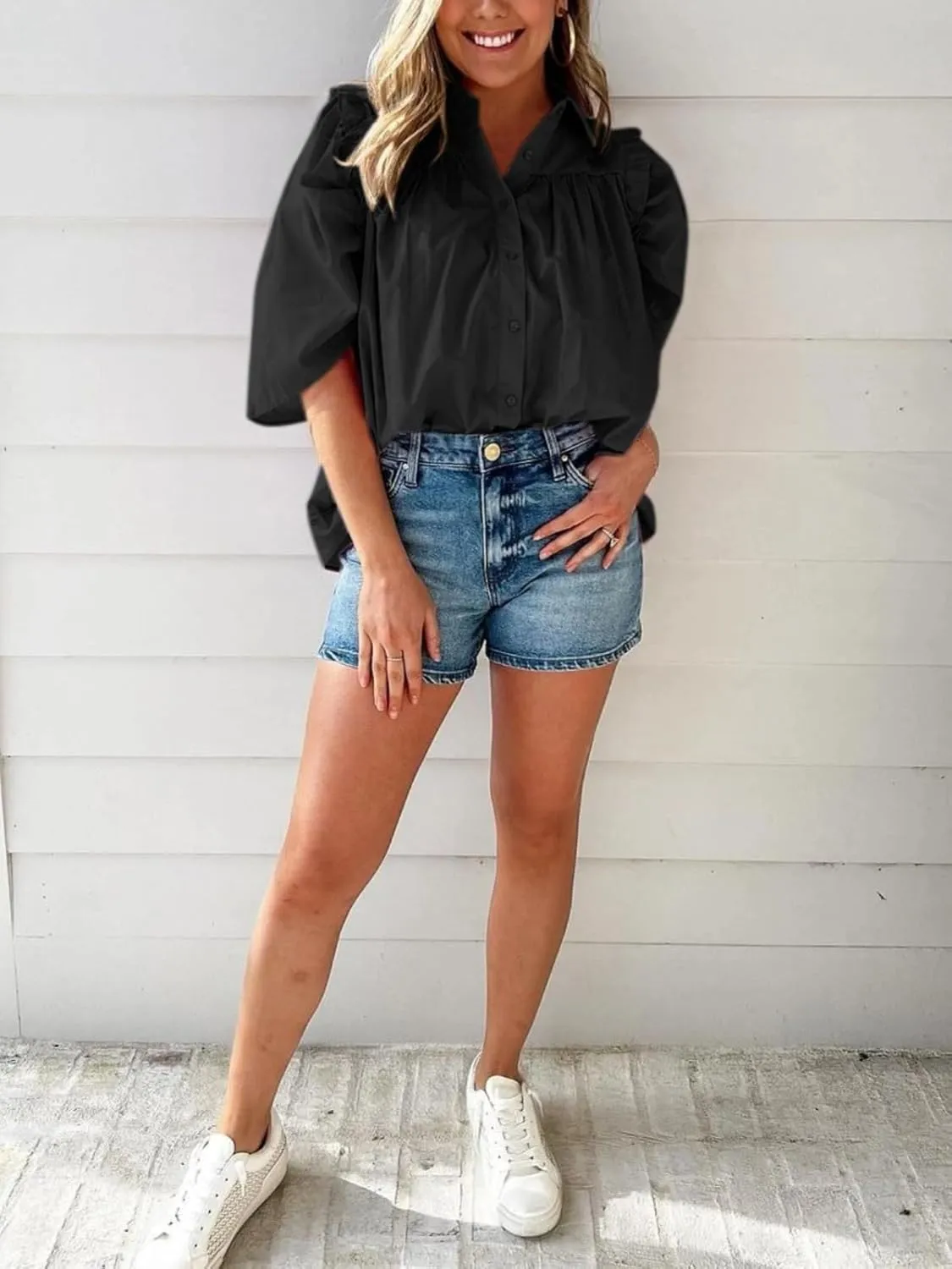 Cicy Bell Womens Summer Button Down Shirts Short Ruffle Puff Sleeve Cotton Blouses Dressy Casual Ladies Tops