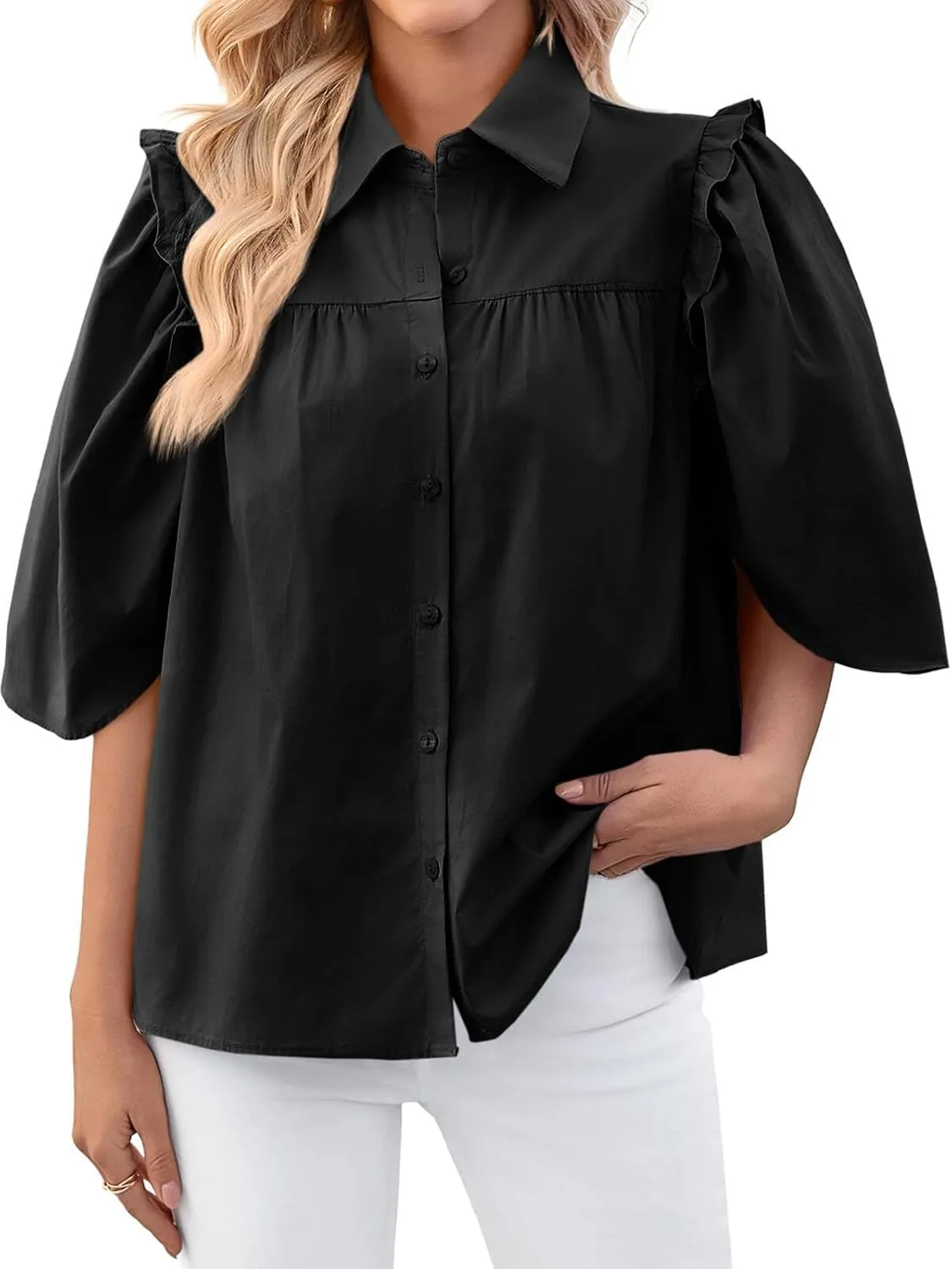 Cicy Bell Womens Summer Button Down Shirts Short Ruffle Puff Sleeve Cotton Blouses Dressy Casual Ladies Tops