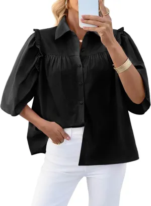 Cicy Bell Womens Summer Button Down Shirts Short Ruffle Puff Sleeve Cotton Blouses Dressy Casual Ladies Tops