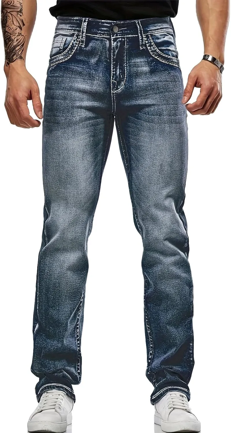 Classic Fit Jeans for Men Embroidered Design All Season Adult Denim Work Pants Everyday Casual Style Men's Pants