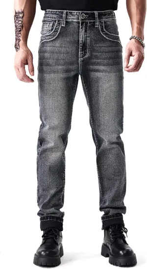 Classic Fit Jeans for Men Embroidered Design All Season Adult Denim Work Pants Everyday Casual Style Men's Pants