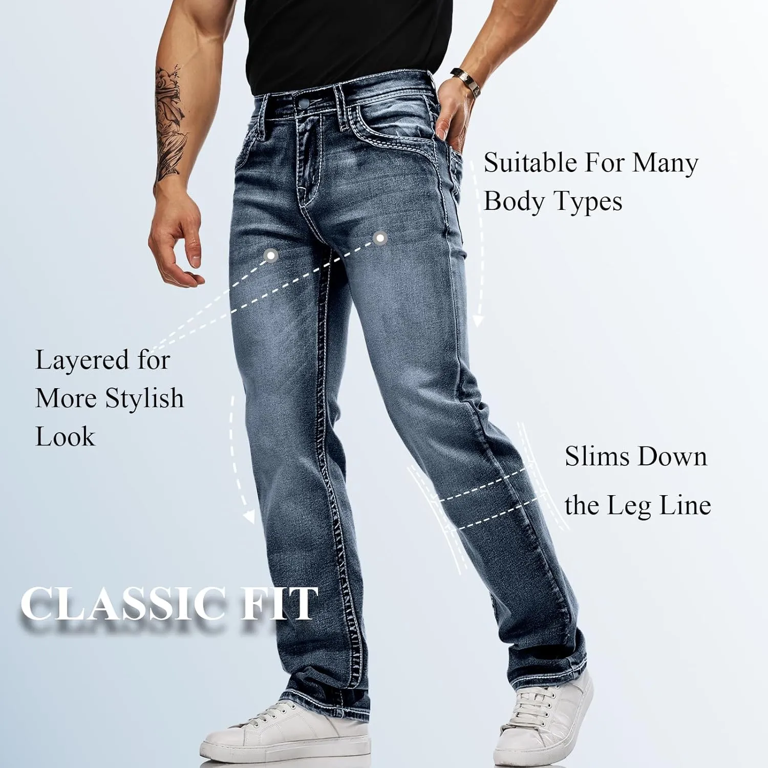 Classic Fit Jeans for Men Embroidered Design All Season Adult Denim Work Pants Everyday Casual Style Men's Pants