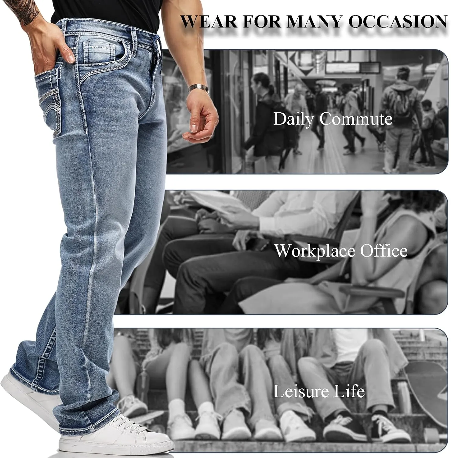 Classic Fit Jeans for Men Embroidered Design All Season Adult Denim Work Pants Everyday Casual Style Men's Pants