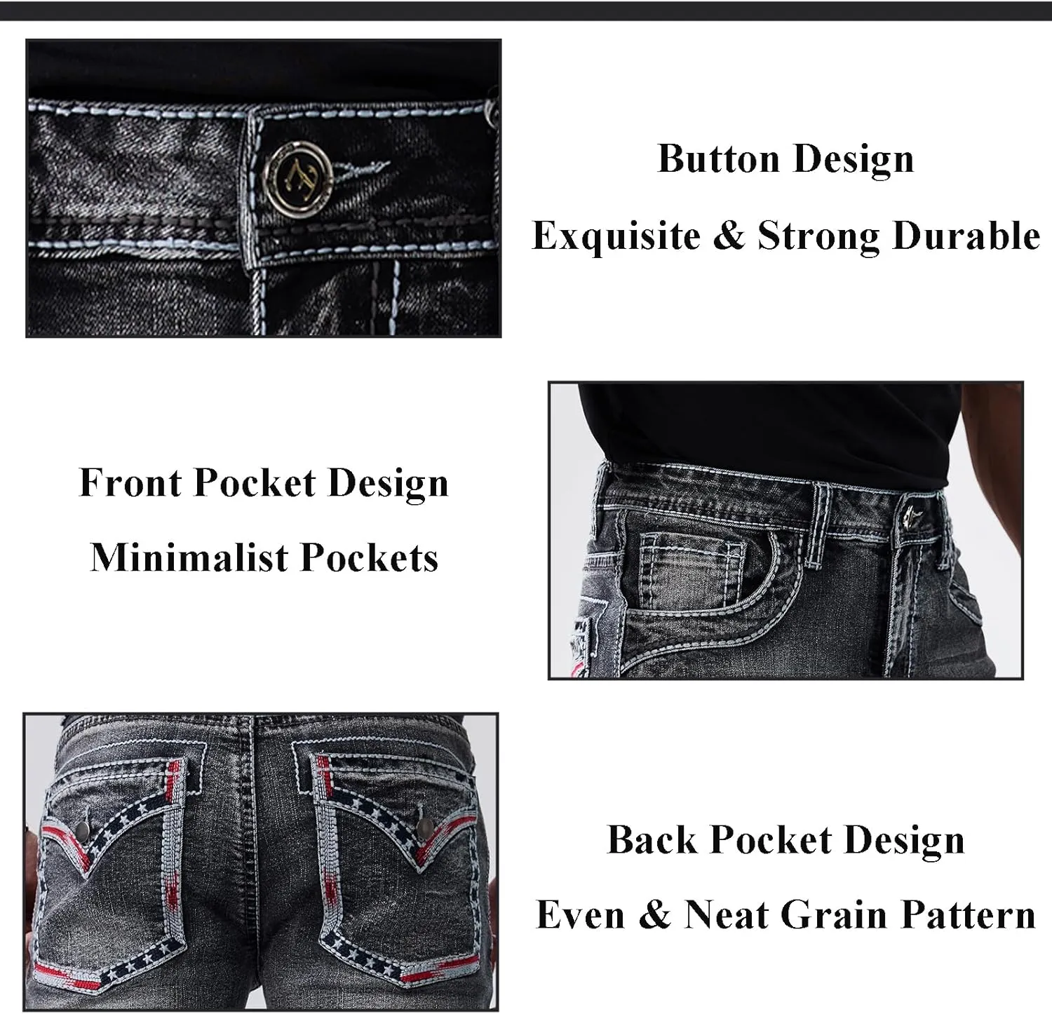 Classic Fit Jeans for Men Embroidered Design All Season Adult Denim Work Pants Everyday Casual Style Men's Pants