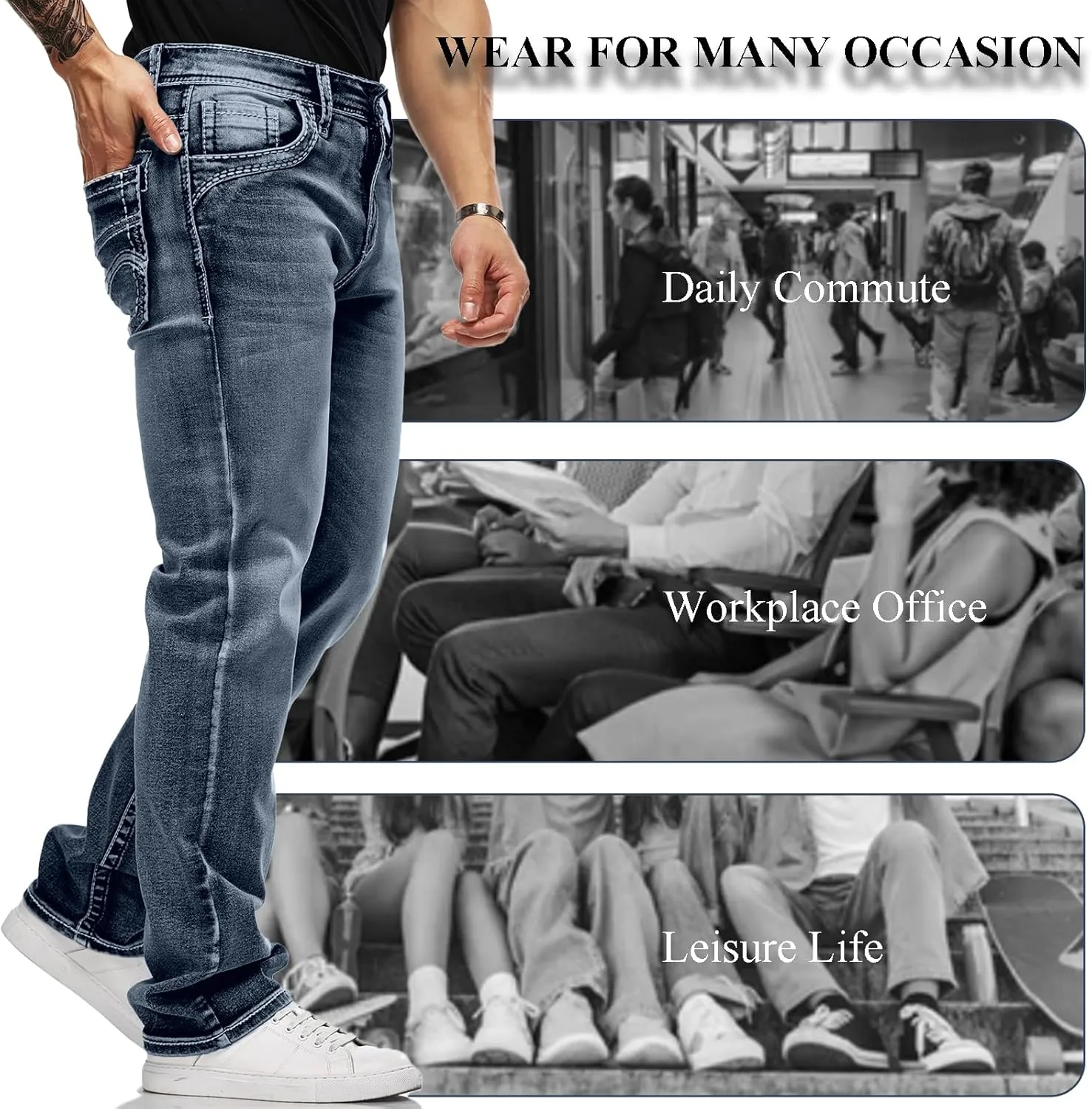 Classic Fit Jeans for Men Embroidered Design All Season Adult Denim Work Pants Everyday Casual Style Men's Pants