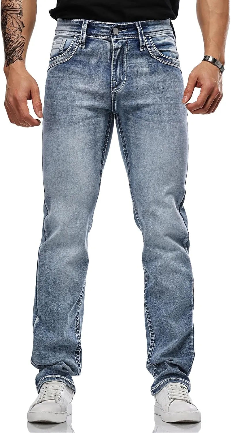 Classic Fit Jeans for Men Embroidered Design All Season Adult Denim Work Pants Everyday Casual Style Men's Pants