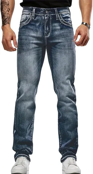 Classic Fit Jeans for Men Embroidered Design All Season Adult Denim Work Pants Everyday Casual Style Men's Pants