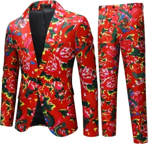 Cloudstyle Mens 2 Piece Print Suit Floral Party Dress Jacket Slim 2 Button Blazer Pants